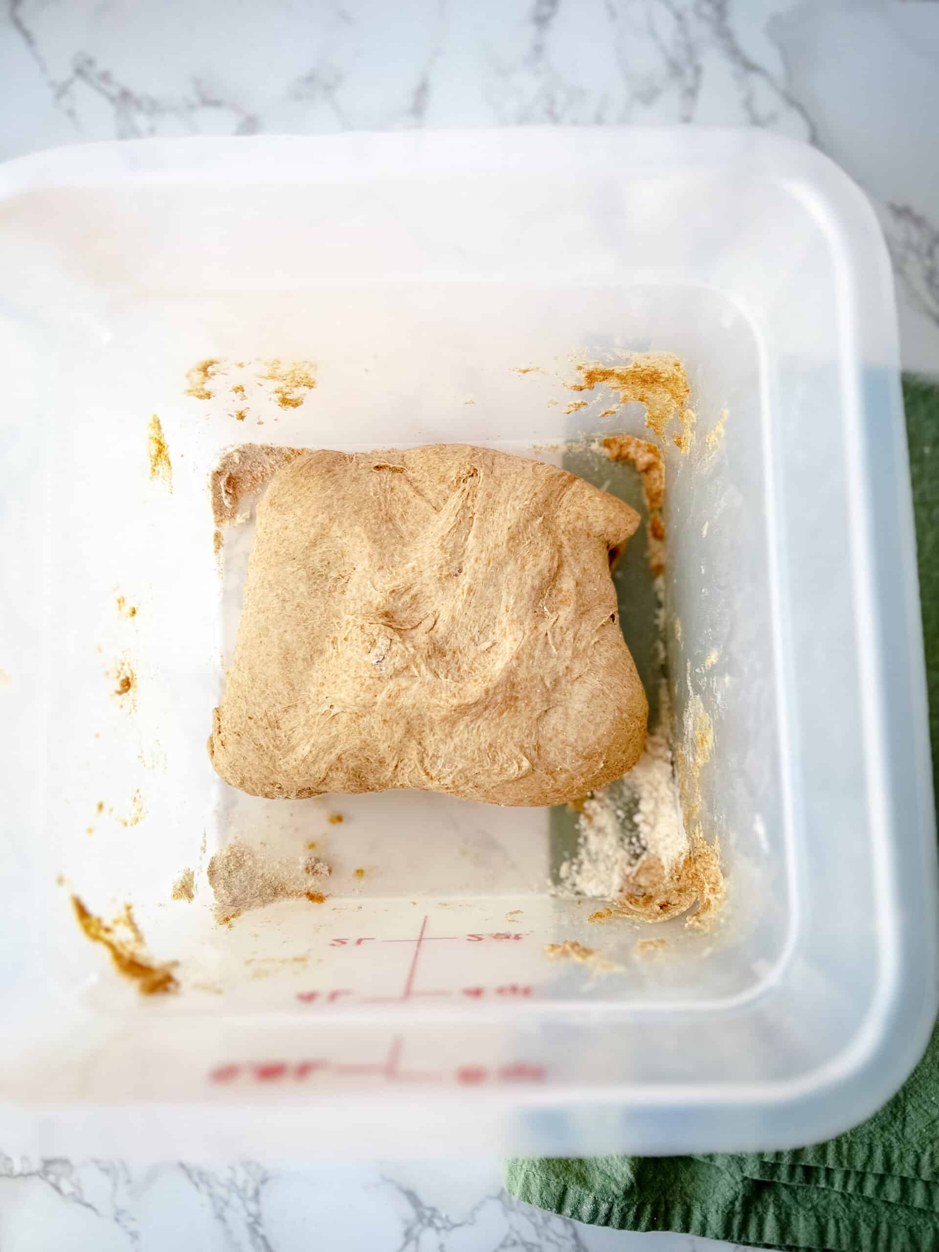 Sourdough that is stretched and folded in the container 