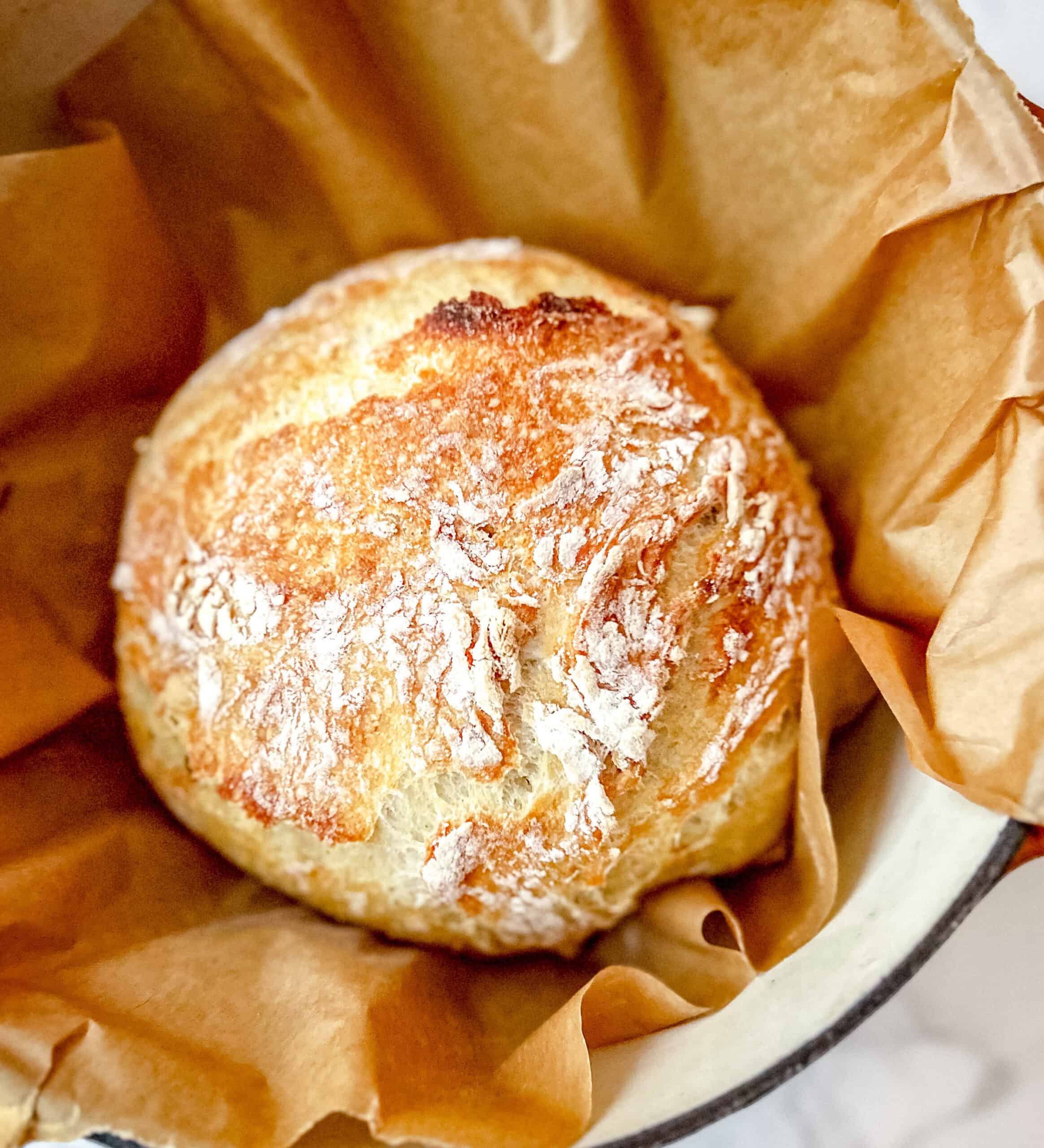 Baked No Knead Country bread on top of parchment paper in a dutch oven