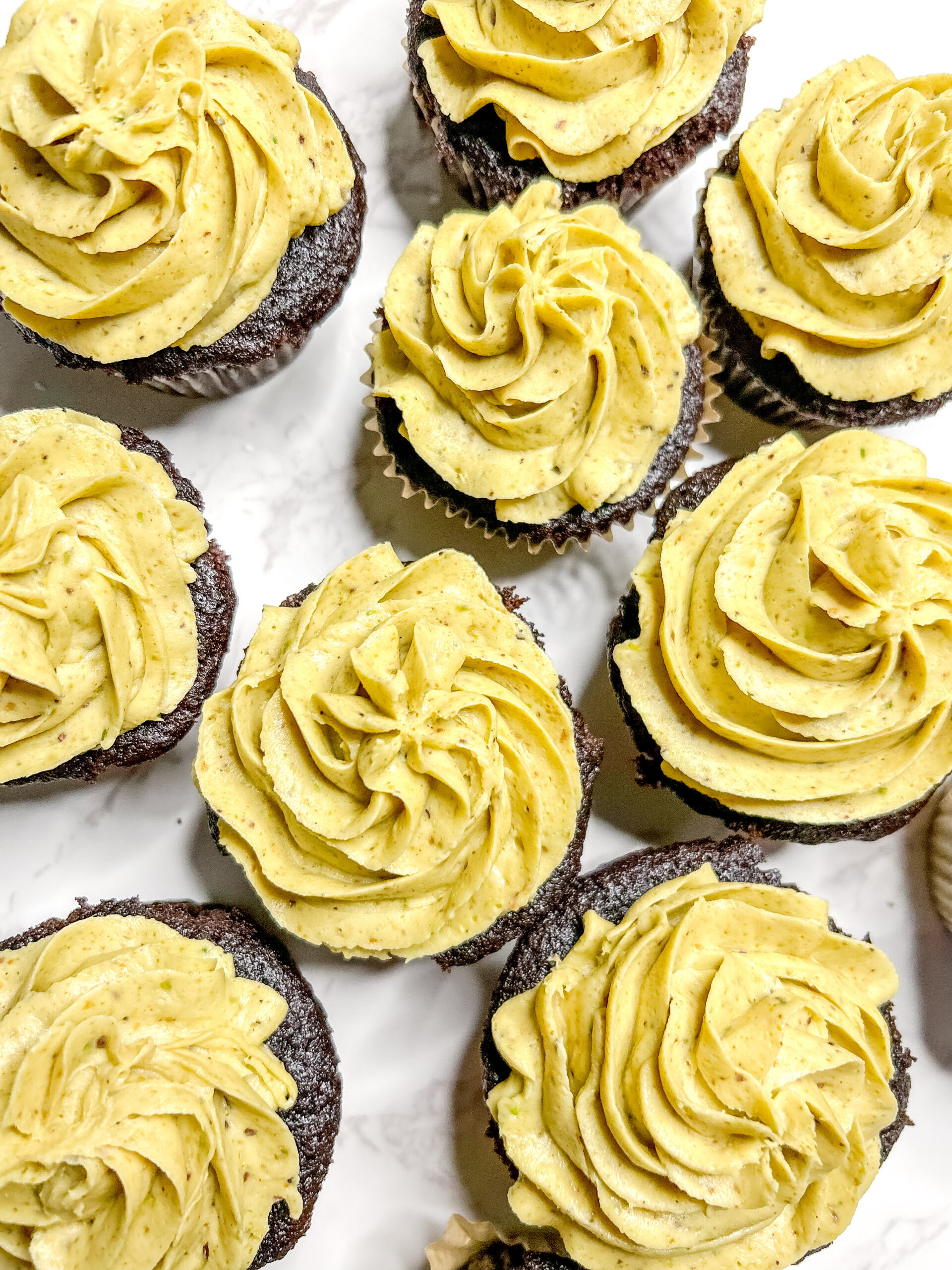 Sourdough Chocolate cupcakes with homemade pistachio buttercream